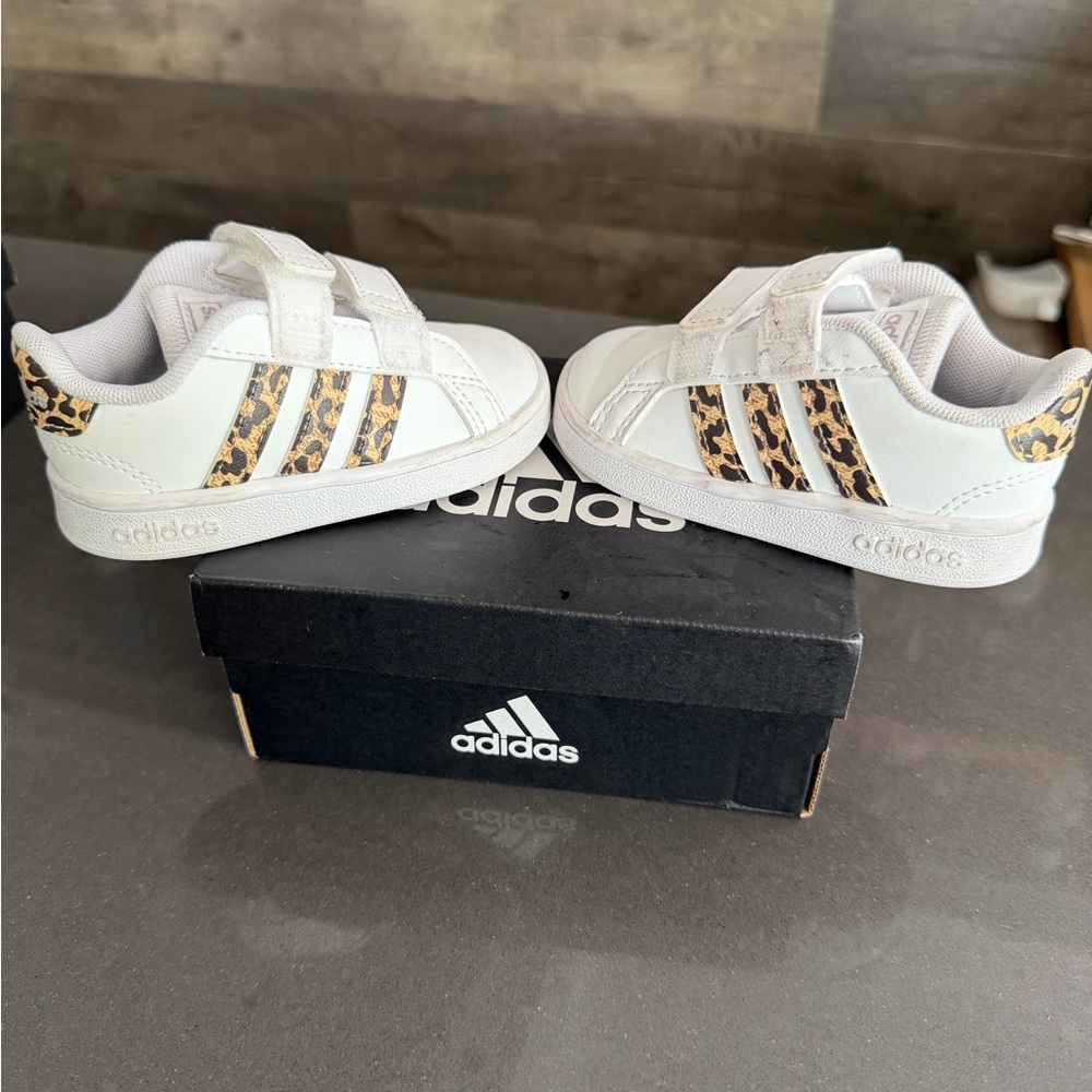 Adidas Kids White and Leopard Print Sneakers